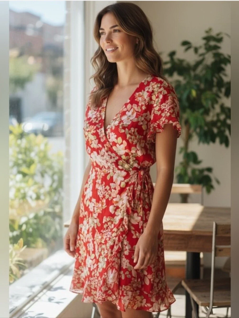 J. Jill Red Floral Wrap Summer Tropical Vacation Trip Ruffle Dress Size Large - Picture 1 of 11